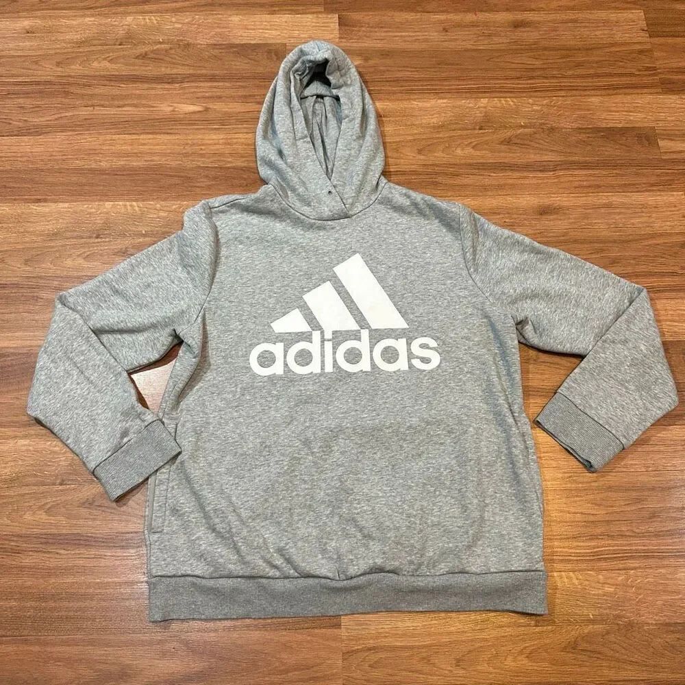 Adidas Long-Sleeve Hoodie Sweatshirt Gray with White | Men Size XL